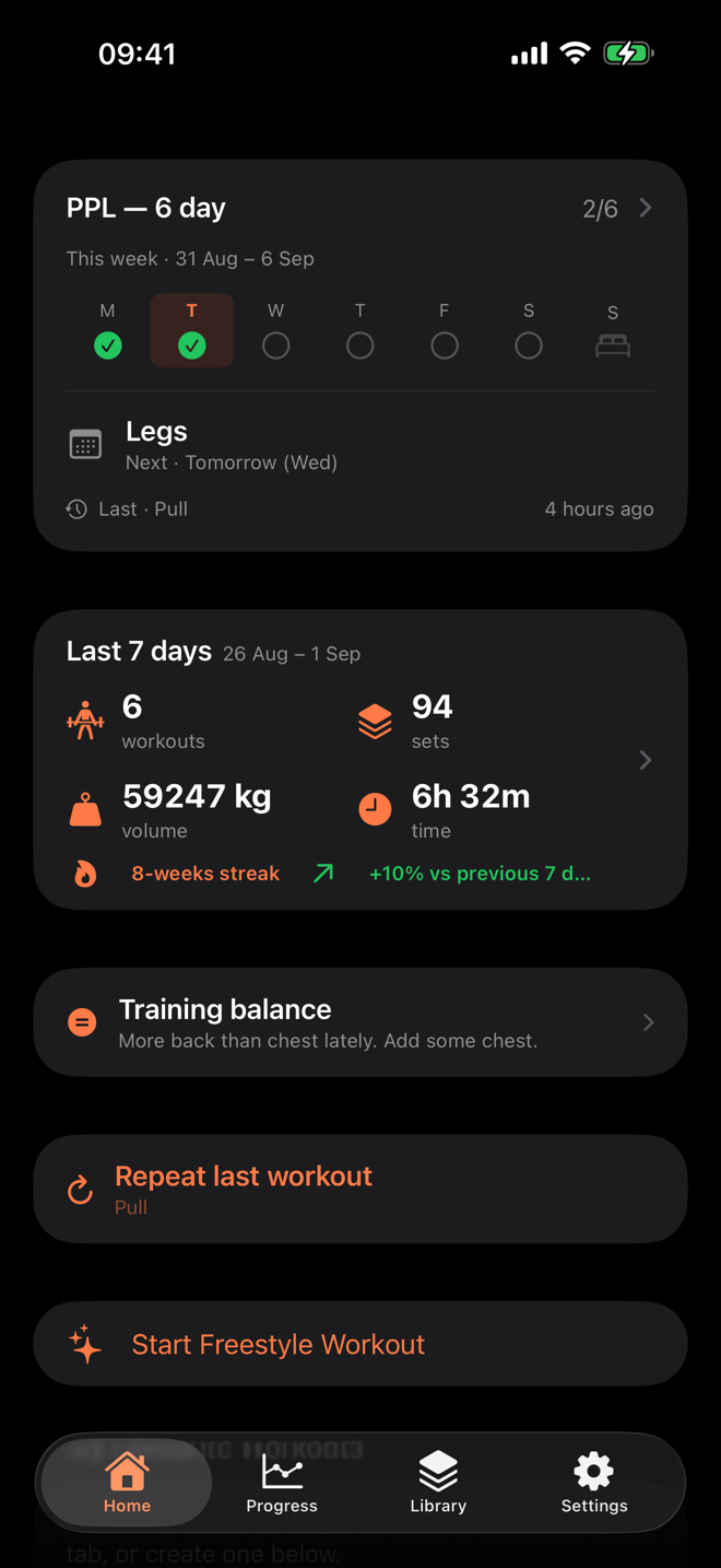 Home dashboard in dark mode