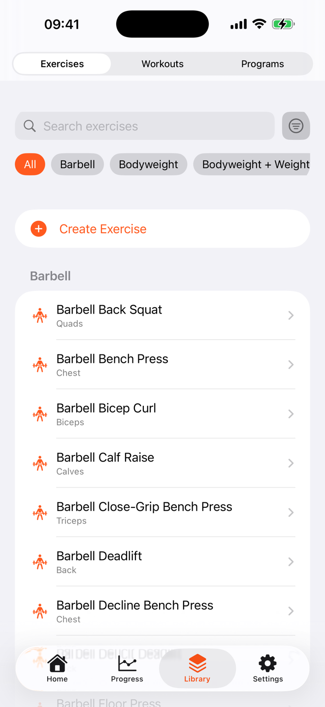 Exercise library grouped by category