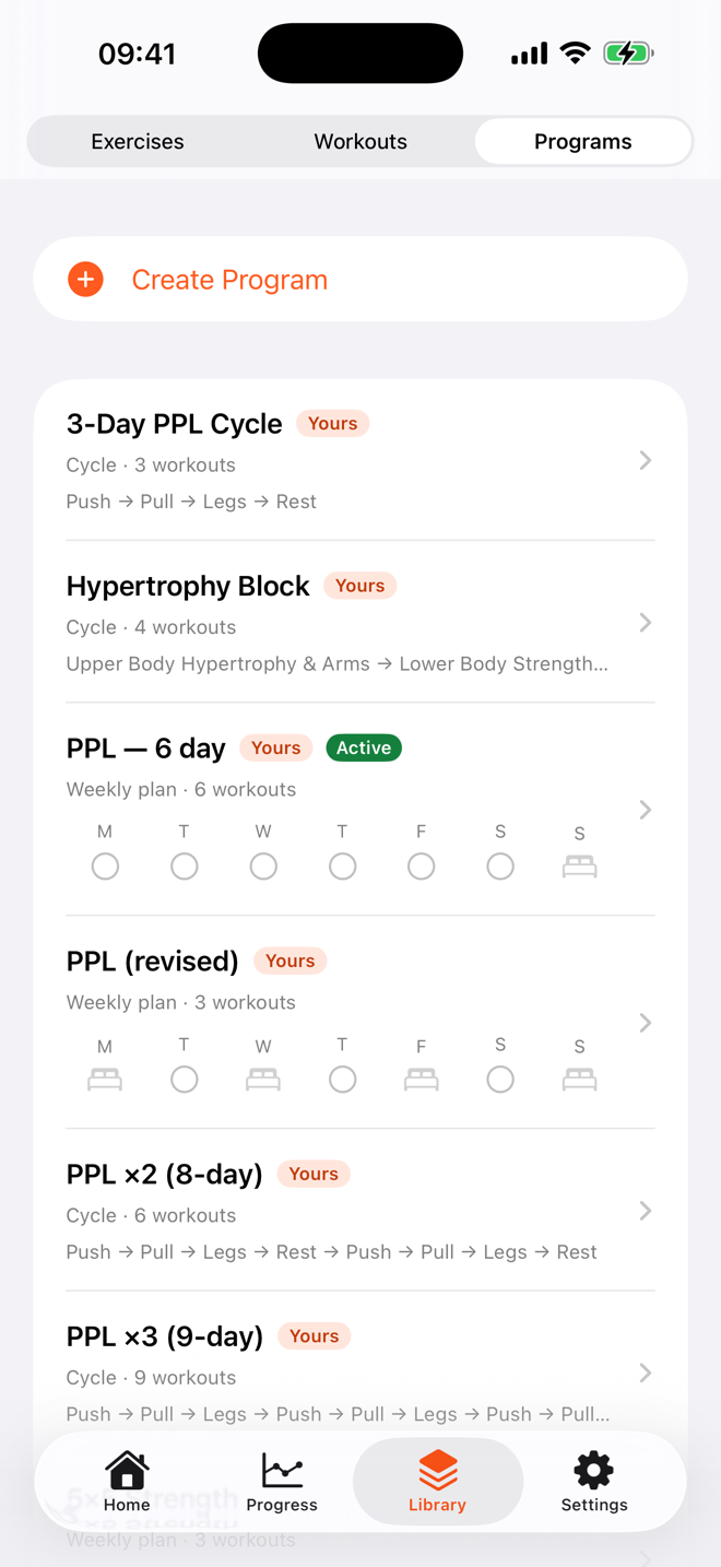 Program library with weekly plans and cycles